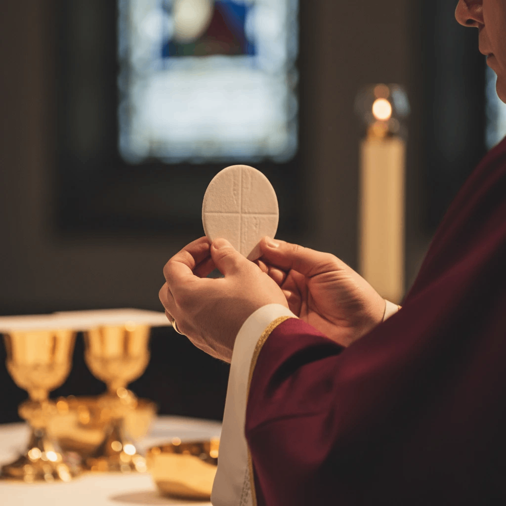 Priest holding the Eucharist during Mass